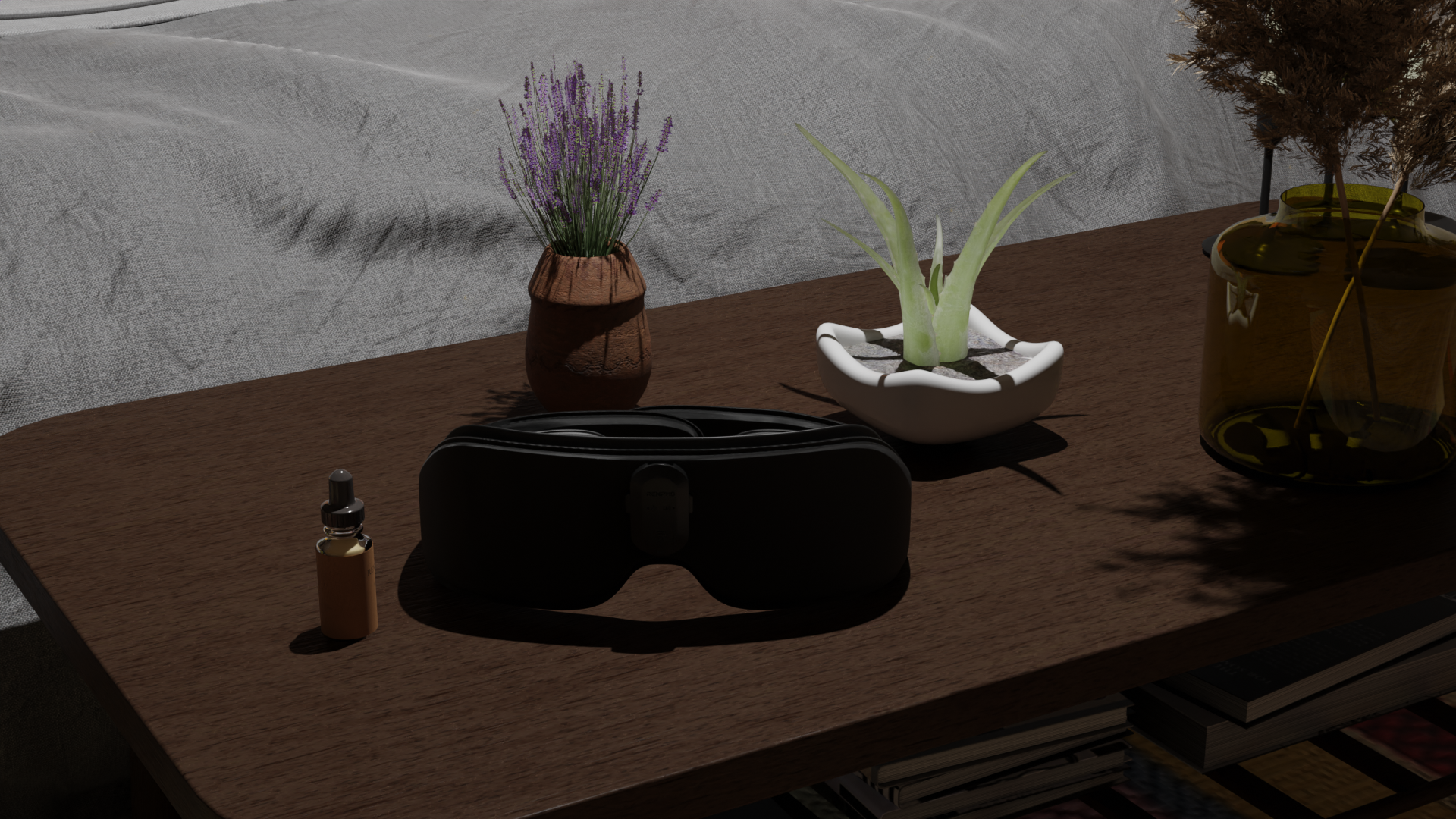 A dark plush eye mask on a bedside surface with small calming items like lavender and a dropper bottle, suggesting self-care and sleep hygiene.