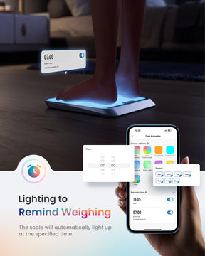 A person holding a Renpho Elis Chroma smart scale with the text lighting up to remind them of their health readings. (A)