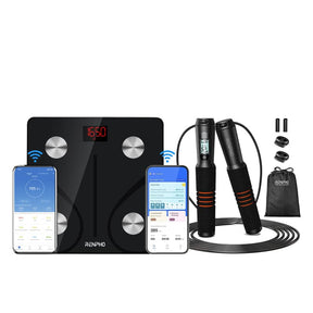 A Renpho Bundle (Smart Jump Rope 1 and Elis 1 Smart Body Scale) for health and wellness, including a cell phone and other accessories. (A)