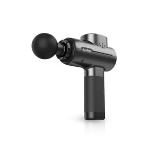 A black and silver Renpho R3 Active Massage Gun with a spherical attachment head, designed for deep-tissue massage and muscle relaxation. The device is positioned upright, displaying its sleek, ergonomic design. (A)