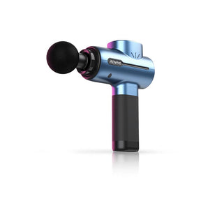 A vibrant R3 Active Massage Gun by Renpho designed for deep-tissue massage, with a black handle and metallic blue top, featuring a spherical massage head and streamlined ergonomic design, positioned against a pure white background. (A)