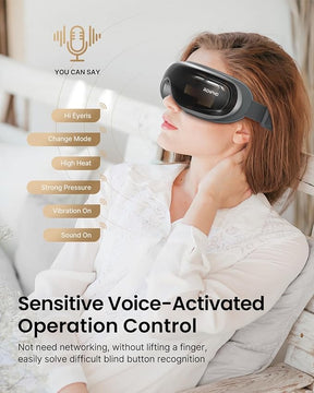 A woman reclining on a white sofa wears a large, black Renpho Eyeris 3 Eye Massager with an integrated cooling gel mask. Beside her, a graphic highlights features like "change mode" and "vibration on.(A)