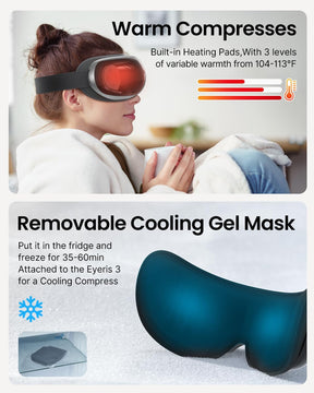 Advertisement for the Renpho Eyeris 3 Eye Massager featuring built-in heating pads and a detachable cooling mask. The top image shows a woman wearing the heated eye mask, while the bottom image displays the blue.(A)