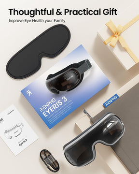 An advertisement showcasing eye care devices as a thoughtful gift. It features a Renpho Eyeris 3 Eye Massager with voice control, its packaging, and a description card, all arranged near a golden gift box.(A)