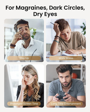 An advertisement highlighting solutions for migraines, dark circles, and dry eyes. It features four diverse individuals expressing fatigue: a man in an office, a young boy studying, a woman at a desk, featuring the Renpho Eyeris 3 Eye Massager. (A)