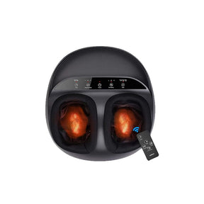 An electric Renpho Shiatsu Foot Massager Pro + with a sleek black design, featuring two deep footbeds with glowing red warmth. It has a control panel on top and comes with a remote control. (A)