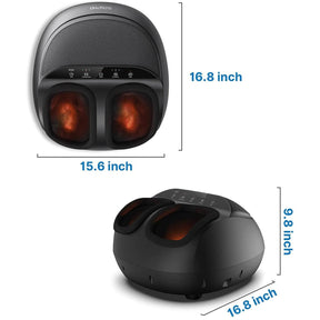 A black Renpho Shiatsu Foot Massager Premium (Remote) with dimensions labeled: 16.8 inches wide, 15.6 inches deep, and 9.8 inches high. It features glowing red heat elements and (A)