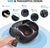 An image of a black Renpho Shiatsu Foot Massager Pro + with features highlighted, including a touch panel, washable foot liner, and non-slip rubber pad. A hand holds a remote control.
