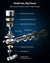 Exploded view of the Renpho Active Massage Gun used for deep-tissue massage. The image highlights various components: high precision housing, high-grade magnetic steel, high-intensity motor coil, piston rod, sliding sleeve, metal eccentric wheel, metal bearing, double shaft transmission arm.