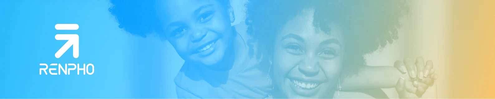 Mother and child smiling, with a colorful blue and yellow gradient background, and the renpho logo on the left.