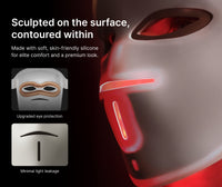Soft silicone LED face mask glowing red, with close-ups of the padded eye protection and minimal light leakage