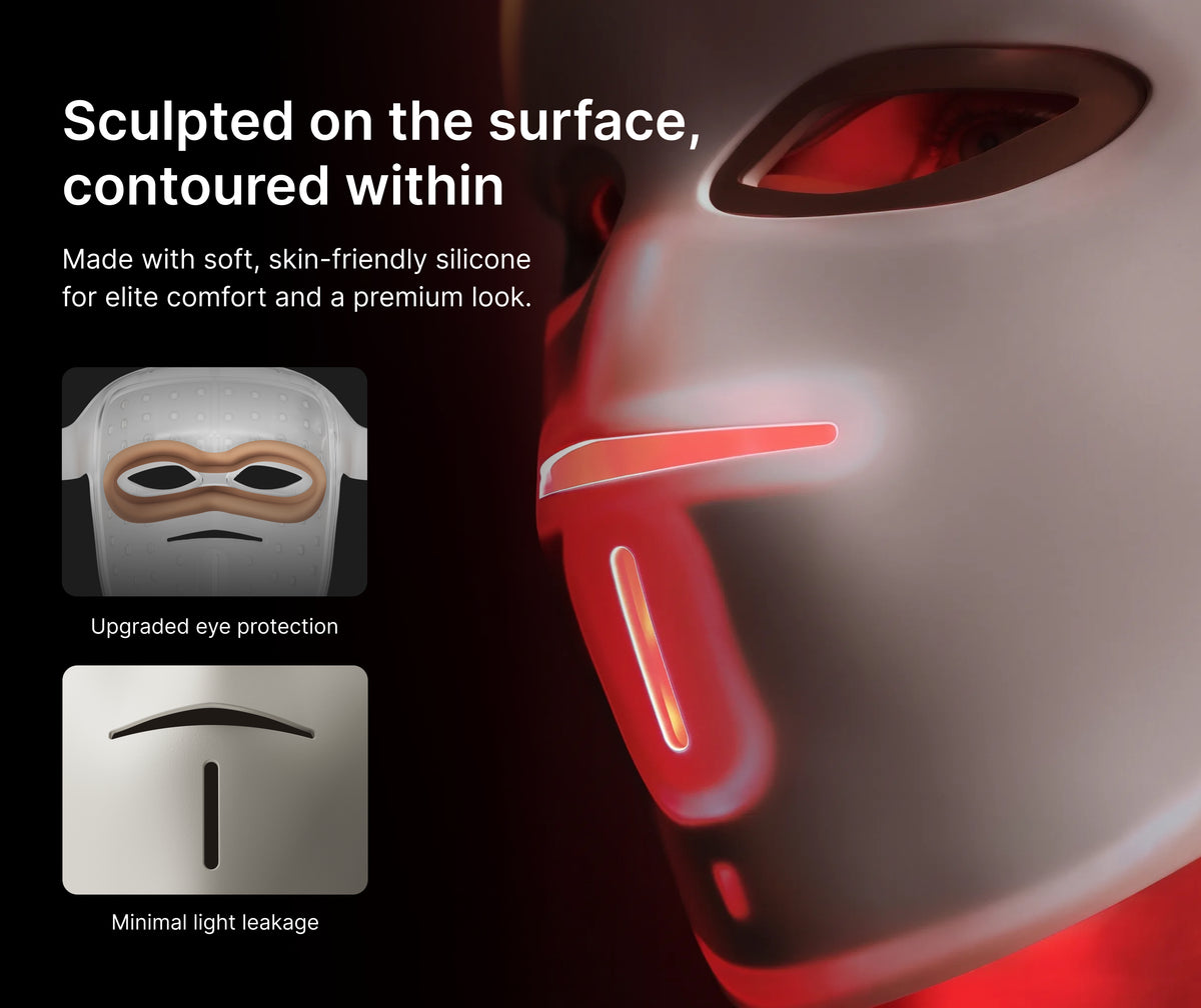 Soft silicone LED face mask glowing red, with close-ups of the padded eye protection and minimal light leakage