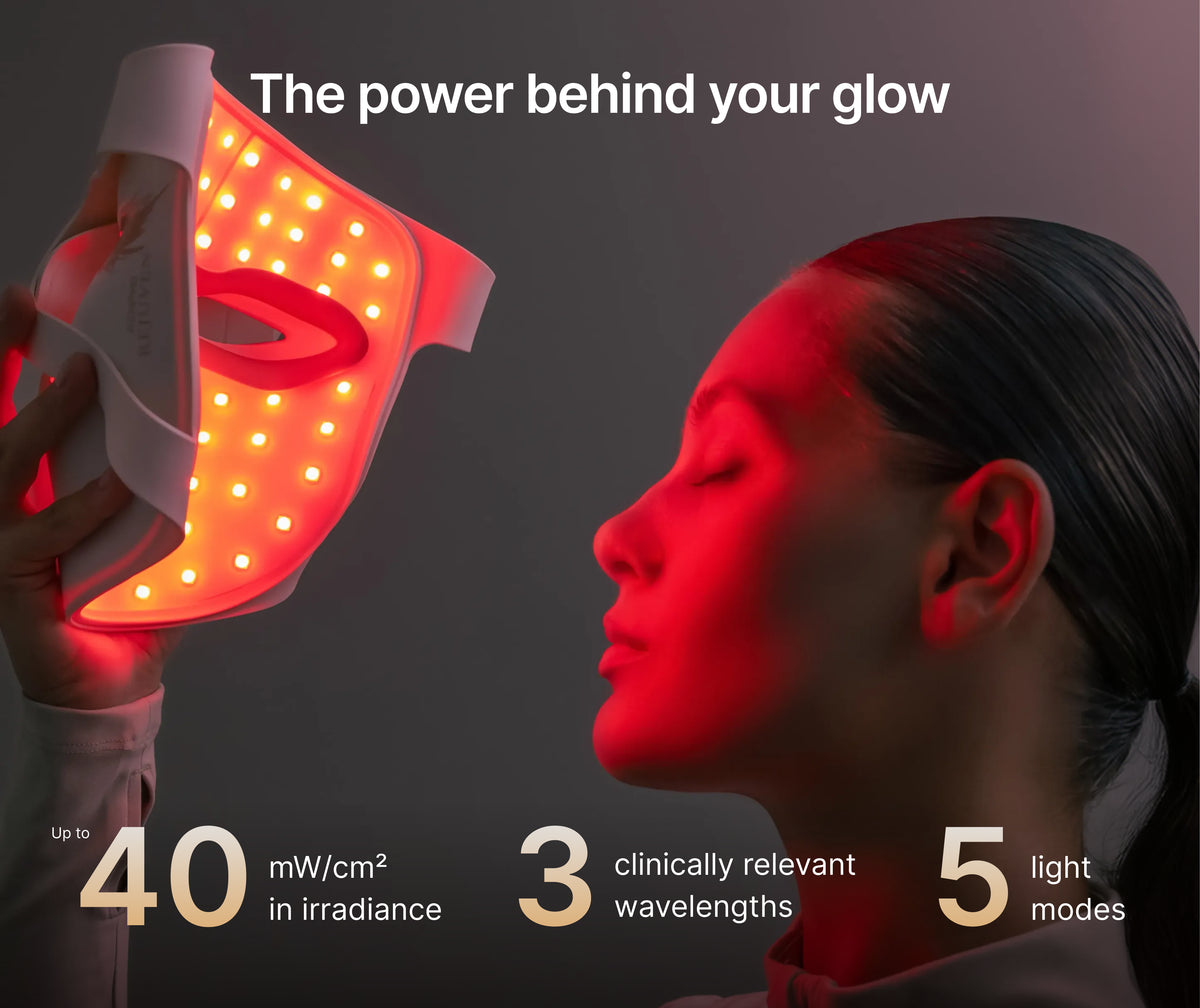 Inside of the red light therapy mask with glowing LEDs: up to 40 mW/cm², 3 wavelengths, 5 light modes