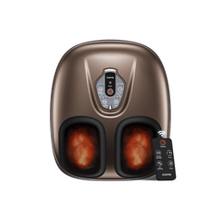 A brown RENPHO US Shiatsu Foot Massager Compact with two circular footbeds, each illuminated with red heat lamps. The massager features a control panel and a remote control beside it, both displaying multiple adjustment.