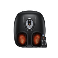 Electric foot massager with RENPHO US Shiatsu Foot Massager Compact, featuring shiatsu deep kneading, heating features, control panel on top, and a remote control next to it. The device is predominantly black with red glowing massage nodes.