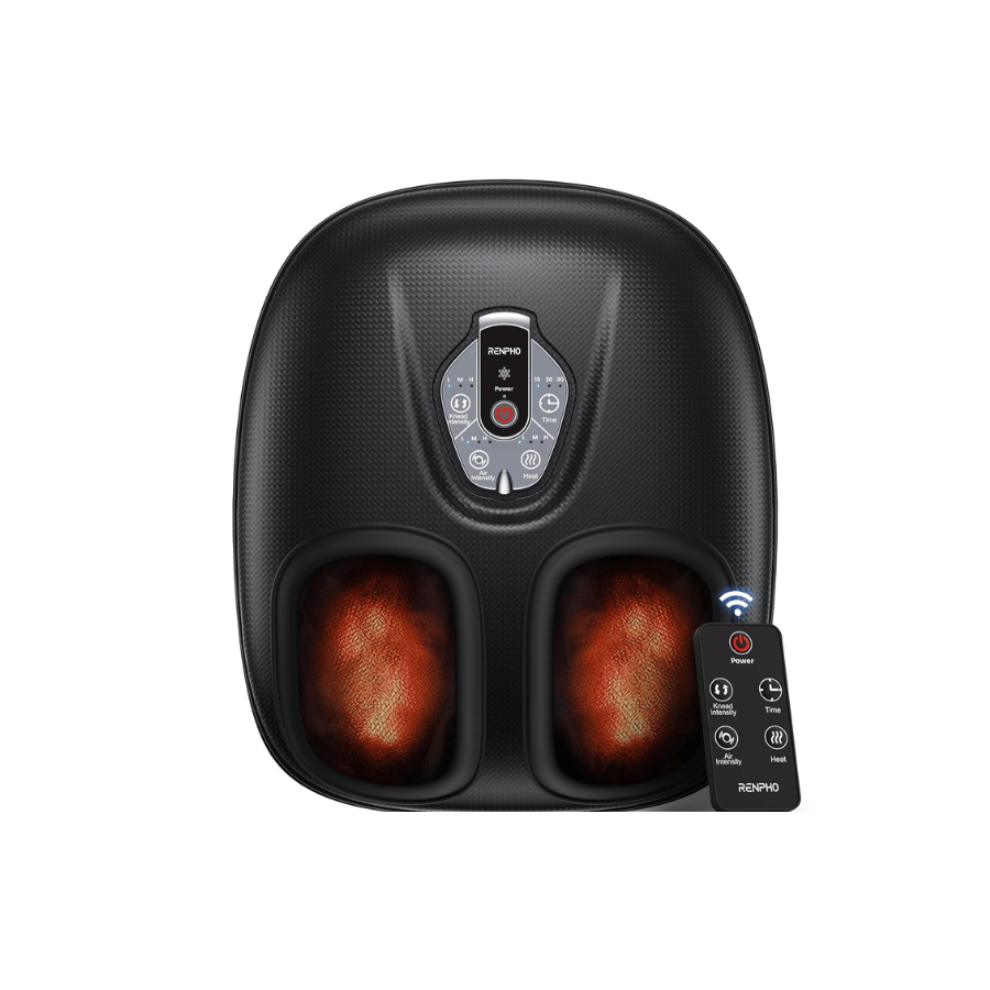 A black Renpho Shiatsu Foot Massager Compact with two feet.