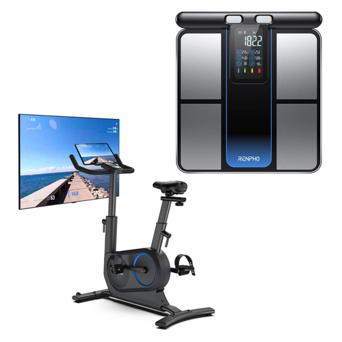 Image of a modern exercise setup. A stationary bike, identified as the Renpho AI Smart Bike S, is positioned in front of a large screen displaying a cycling course by the water. Above the bike, there's a digital Renpho MorphoScan Smart Body Scale showing weight and various health metrics. The background is plain white.