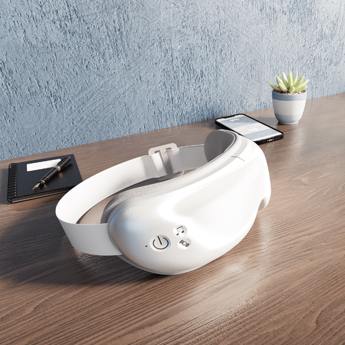 A personalized white Eyeris Smart Eye Massager on a wooden table, with Renpho App-connective functionality.