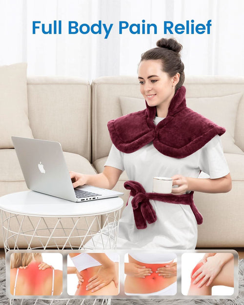 A woman sits on a sofa with a laptop on a round white coffee table. She's wearing the RENPHO Heating Pad for Neck and Shoulders and Back, 24"x33", around her shoulders and waist. Below are four smaller images depicting treatment areas including the neck, back, abdomen, and legs for period cramps. The text reads "Full Body Pain Relief.