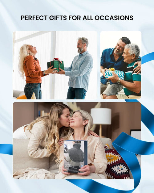 Three images of gift-giving. Top left: A man and woman exchange gifts near bright windows. Top right: An elderly man and younger man share a moment with a wrapped gift. Bottom: A woman kisses another on the head as she presents a boxed RENPHO Heating Pad for Neck, Shoulders, and Back (19"x24"). Text at the top reads "Perfect Gifts For All Occasions.