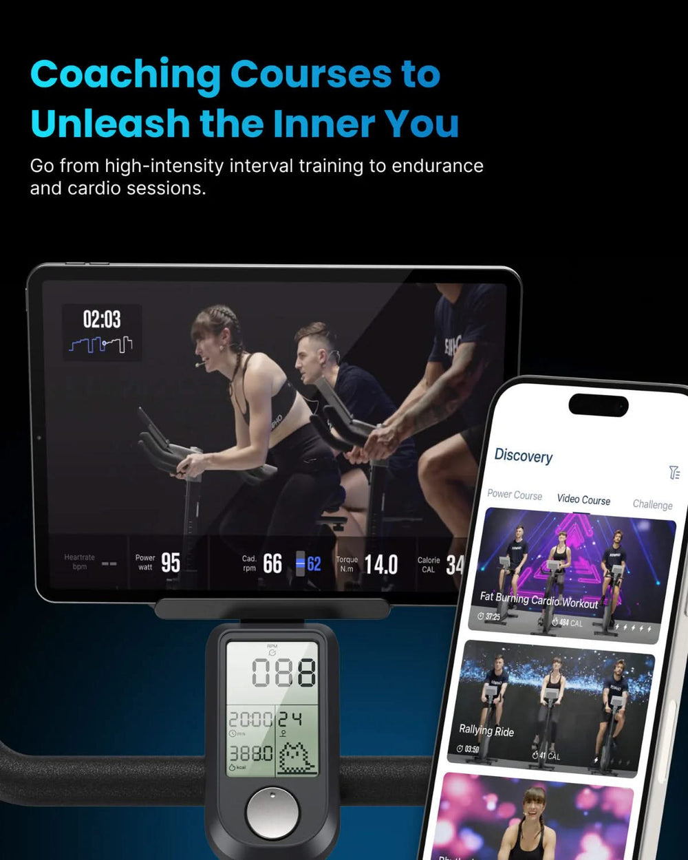 The Renpho AI Smart Bike S features a digital display showing a heart rate monitor and two mobile screens. The tablet screen showcases individuals participating in an indoor cycling class with detailed performance metrics, while the smartphone screen provides options for various fitness video courses. The accompanying text reads, "Coaching Courses to Unleash the Inner You.