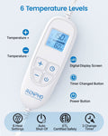 An image of the RENPHO King Size Heating Pad for Back Pain Relief, 24"x37" by RENPHO US, perfect for alleviating back pain, featuring a digital display showing 150℉ and 60 minutes. The controller includes buttons for increasing and decreasing temperature, a power button, and a timer. Highlighted at the bottom are six temperature levels, auto shut-off functionality, and various safety features.