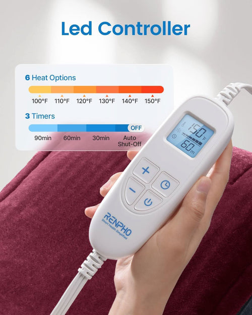 A hand holding a white RENPHO US LED heating pad controller with an illuminated display showing temperature and timer settings. Above, there is text: "6 Heat Options" with a gradient bar ranging from 100°F to 150°F, and "3 Timers" including 90min, 60min, 30min, and Auto Shut-Off. A burgundy fabric is in the background. The product is the RENPHO Heating Pad for Neck and Shoulders and Back, measuring 24"x33".