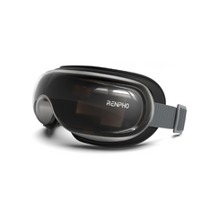Image of the Renpho Eyeris 3 Eye Massager. The device resembles ski goggles with a sleek, glossy black visor and gray adjustable strap. Featuring acupressure eye care and the Renpho logo on the left side, its modern, compact design is intended for therapeutic use, covering the eyes and temples.