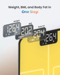 The Elis Chroma Smart Scale from Renpho is on display with a focus on the screen showing weight at 126.4 lbs, BMI at 20.2, and Body Fat at 20.4%. The text above reads "Weight, BMI, and Body Fat in One Step." The background features a gradient of soft colors, partially revealing the yellow platform tied to the Renpho Health app.