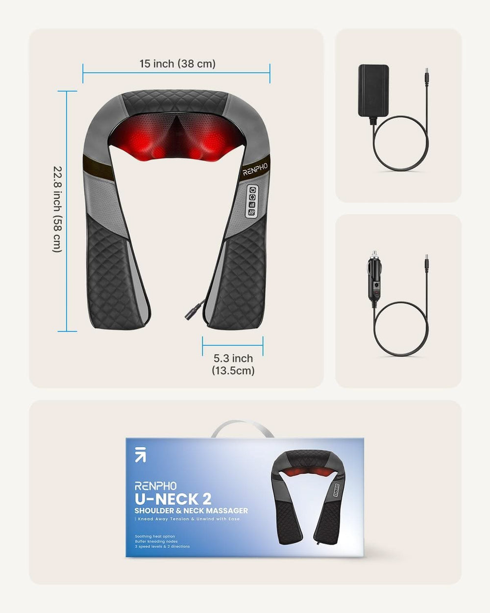 An infographic displaying a Renpho U-Neck 2 neck & shoulder massager with deep kneading massage nodes. Features include size dimensions, close-up of controls, power cable, and an image of the product in its.