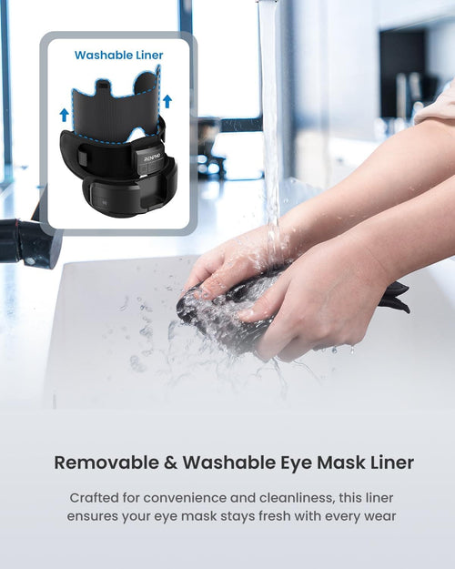 A person washes a black eye mask liner under a water faucet in a sink. Above the image, an illustration shows the washer-friendly liner detaching from the Eyeris Shift Eye Massager. The text below reads: "Removable & Washable Eye Mask Liner. Crafted for convenience and cleanliness, this liner ensures your eye mask stays fresh with every wear.