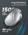 A silver handheld Eyeris 2 Eye Massager Extend by Renpho with three circular buttons and a power button on the side. Text on the image highlights features like "Long-life Battery" with "1500 mAh battery" and "supports up to 1 week of moderate use." Another text states "90-240 min use." A black strap is attached, offering adjustable compression intensity to reduce eye fatigue.