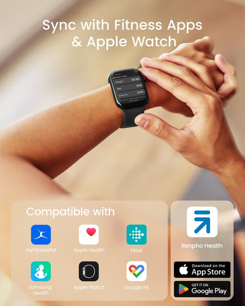 A person checks a Renpho Elis Nova Smart Scale on their wrist, displaying a heart rate of 87 bpm. Below is text "sync with fitness apps & Apple Watch," with app icons like MyFitnessPal and Fit.