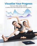 Two women are doing yoga in front of a smart scale. (A)