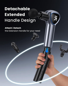 A person holding the Renpho REACH Massage Gun with the words detachable extended handle design.(A)