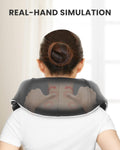 A woman is seated with her back facing us, using a Renpho U-Neck 1 Neck & Shoulders Massager. The device features deep-kneading massage nodes, suggesting it's in use. A calm