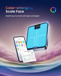 An advertisement featuring the Renpho Elis Chroma Smart Scale with a color-changing face, displaying 104.4, next to a smartphone showcasing the Renpho Health app. The app offers weight measurements and customizable backgrounds. The text reads "Color-changing Scale Face" and "Redefining Your Scale with Light and Weight.