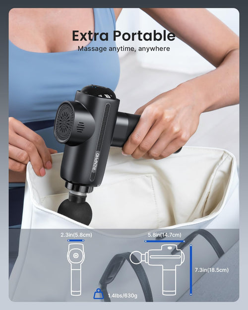 A person is placing a black Renpho Active Thermacool into a white bag. The image highlights the Renpho's compact dimensions (5.8in x 7.3in x 1.8in) and lightweight design (1.4lbs). Text at the top reads "Extra Portable" and "Massage anytime, anywhere." The scene promotes the device's portable and convenient nature.