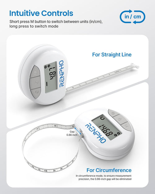 An image showcasing a Renpho Smart Tape Measure BMF01 features a white body with buttons and a digital display. Two measuring options are demonstrated: "For Straight Line" with the tape extended straight, and "For Circumference" with the tape looped, showing a gap of 0.86 inch. Text explains intuitive controls for switching units (in/cm) and syncing body measurements to the Renpho