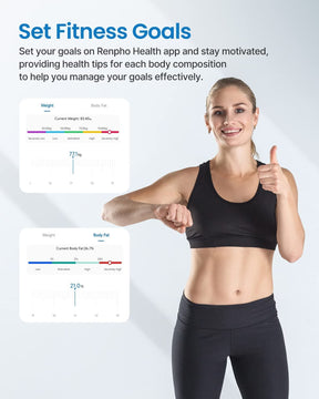 A woman's fitness goals are tracked on a screen using the Renpho Elis Aspire Smart Body Scale, the best bluetooth body fat scale.  (A)