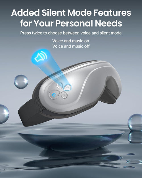 A grey wearable device, likely a Renpho Eyeris 2 Eye Massager Extend, features a control panel with buttons. The blue sound icon indicates silent mode features and adjustable compression intensity. Displayed above reflective water, it promotes its new functionality. Text above reads, "Added Silent Mode Features to Reduce Eye Fatigue.