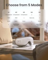 Image of a white RENPHO US Eyeris 1 Eye Massager placed on a white surface by a window with a view of trees and houses. Above the massager, a chart shows five modes (M1 to M5) with options for compression, heat, music, and vibration. The Bluetooth feature enhances your experience while it relieves eye strain.