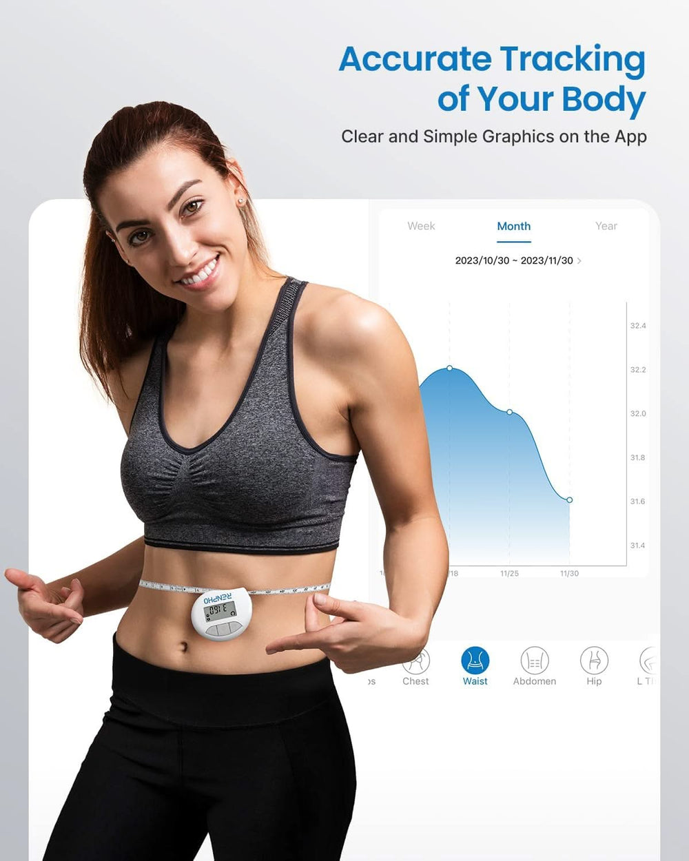 A woman in workout attire uses a Smart Tape Measure BMF01, smiling and pointing at it. Behind her, a digital graph on a screen shows a trend over one month, indicating body measurements data. Text reads "Accurate Tracking of Your Body" and "Clear and Simple Graphics on the Renpho Health app".