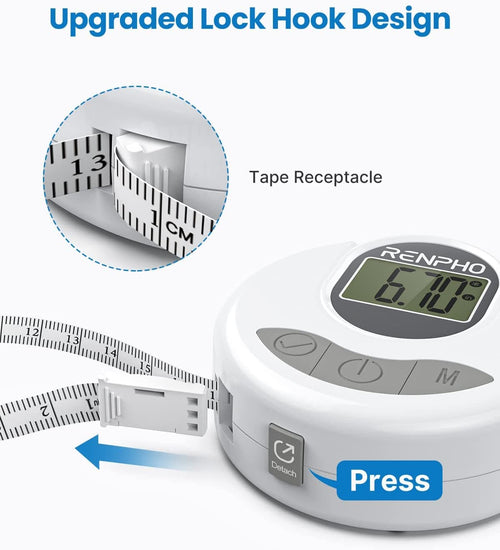 The upgraded Renpho Bundle (Smart Jump Rope 1 and Smart Tape Measure BMF01) lock hook design is shown with a tape measure.