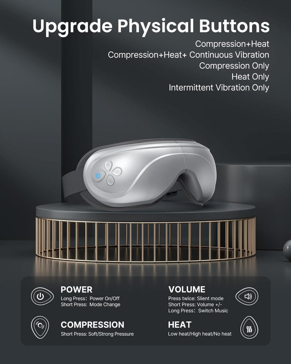 An image showcasing the Renpho Eyeris 2 Eye Massager Extend with adjustable compression intensity and physical buttons. The device is displayed on a stylish circular table. The image highlights features such as compression, heat, and vibration settings. Three buttons control power, volume, and heat modes. Instructions are provided for each function.