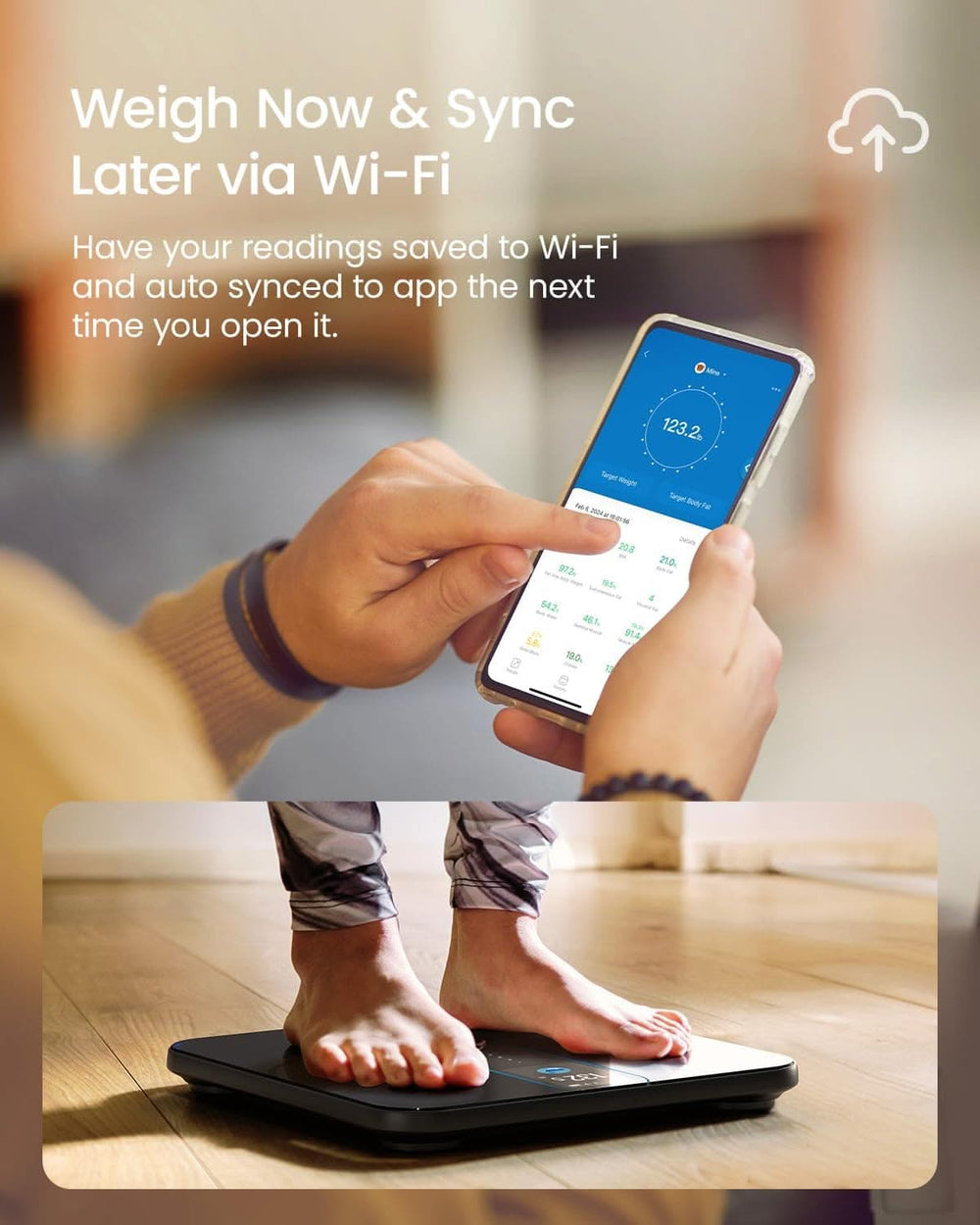 Person standing on a Elis Nova Smart Scale, checking their health metrics on a smartphone app displaying weight, BMI, and other body measurements with "weigh now & sync later via Wi-Fi" text above