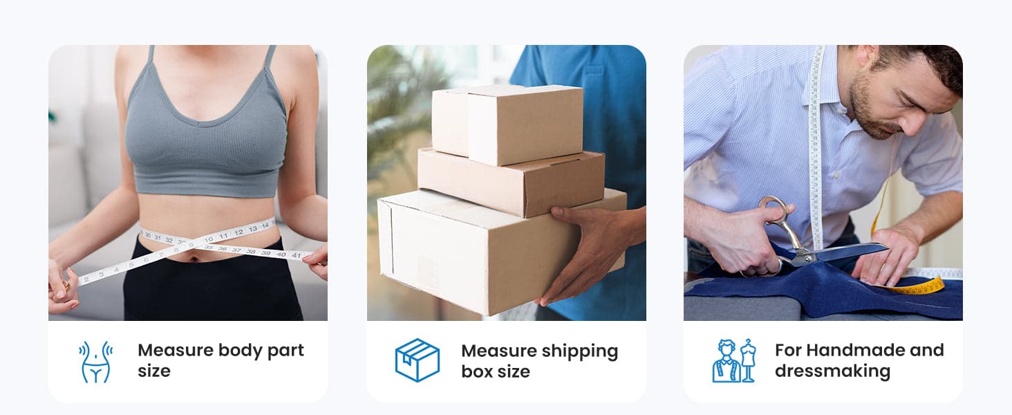 Four pictures of a woman measuring a package with a Renpho Smart Body Tape Measure+ and putting it in a box.