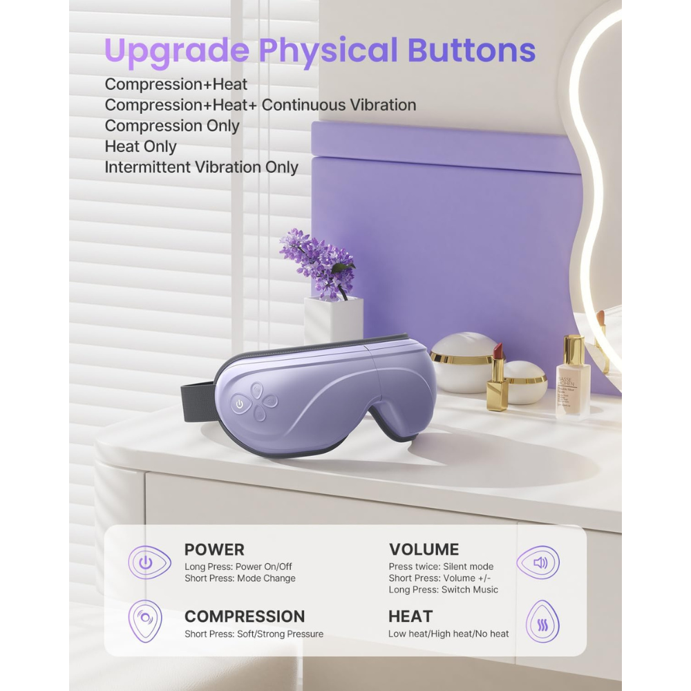 A purple Eyeris 2 Eye Massager with upgraded physical buttons, perfect for relieving eye fatigue by Renpho.