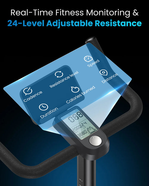 Close-up of the AI Smart Bike S's digital display and handlebars. The screen shows speed, distance, duration, and calories burned. Text at the top reads "Real-Time Fitness Monitoring & 24-Level Adjustable Resistance." Holographic icons representing cadence, resistance level, speed, distance, and calories burned hover above.