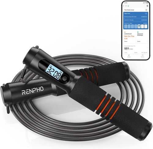 A Renpho Smart Jump Rope 1 with a black handle displaying data on a built-in LCD screen, next to a coiled grey rope, and a smartphone showing a fitness tracking app via Bluetooth pairing, against a white.